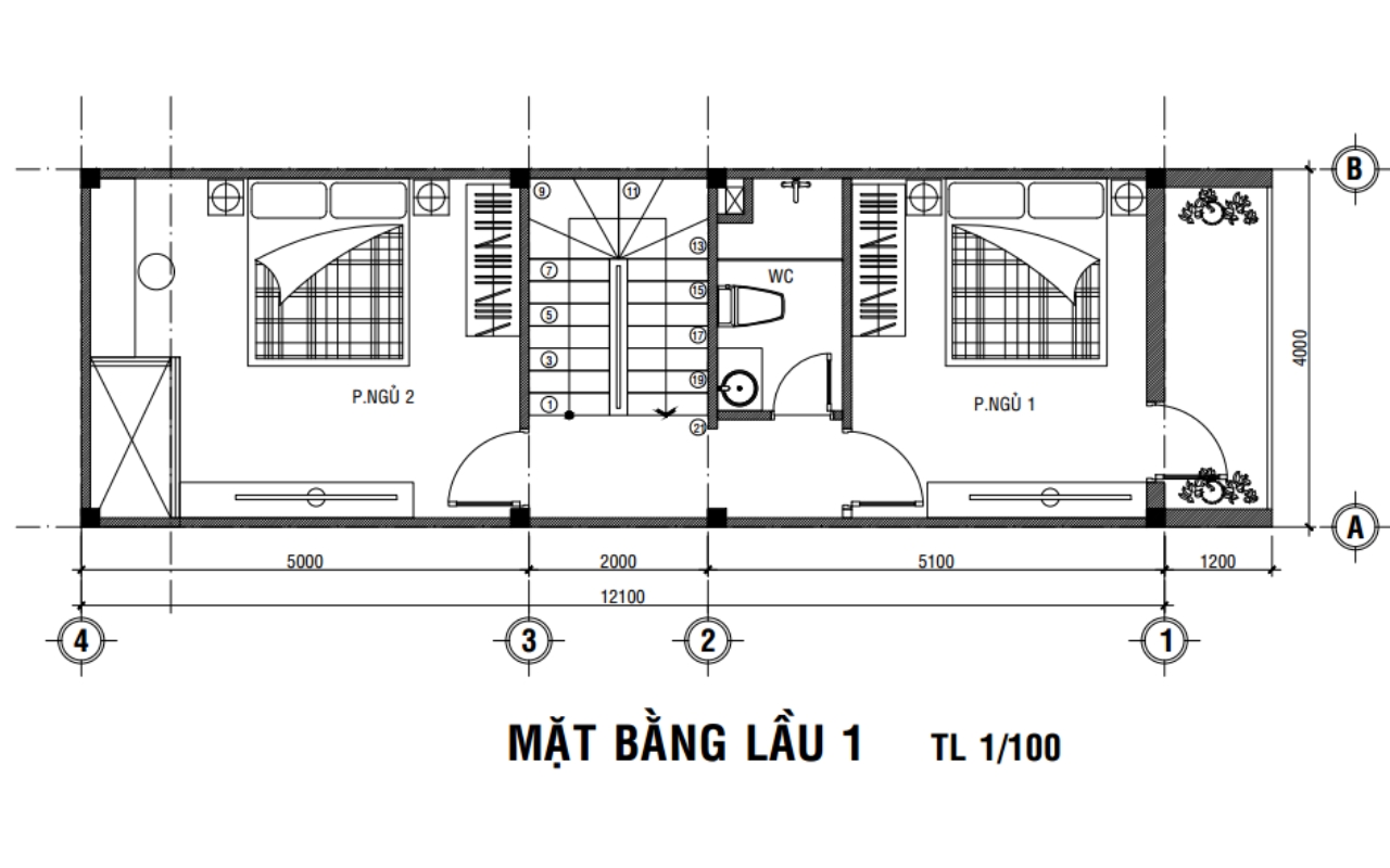 bản vẽ thiết kế mặt bằng lầu 1 nhà phố 3 tầng