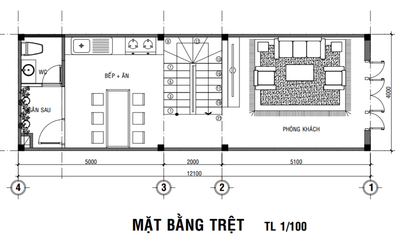 bản vẽ thiết kế mặt bằng tầng trệt nhà phố 3 tầng