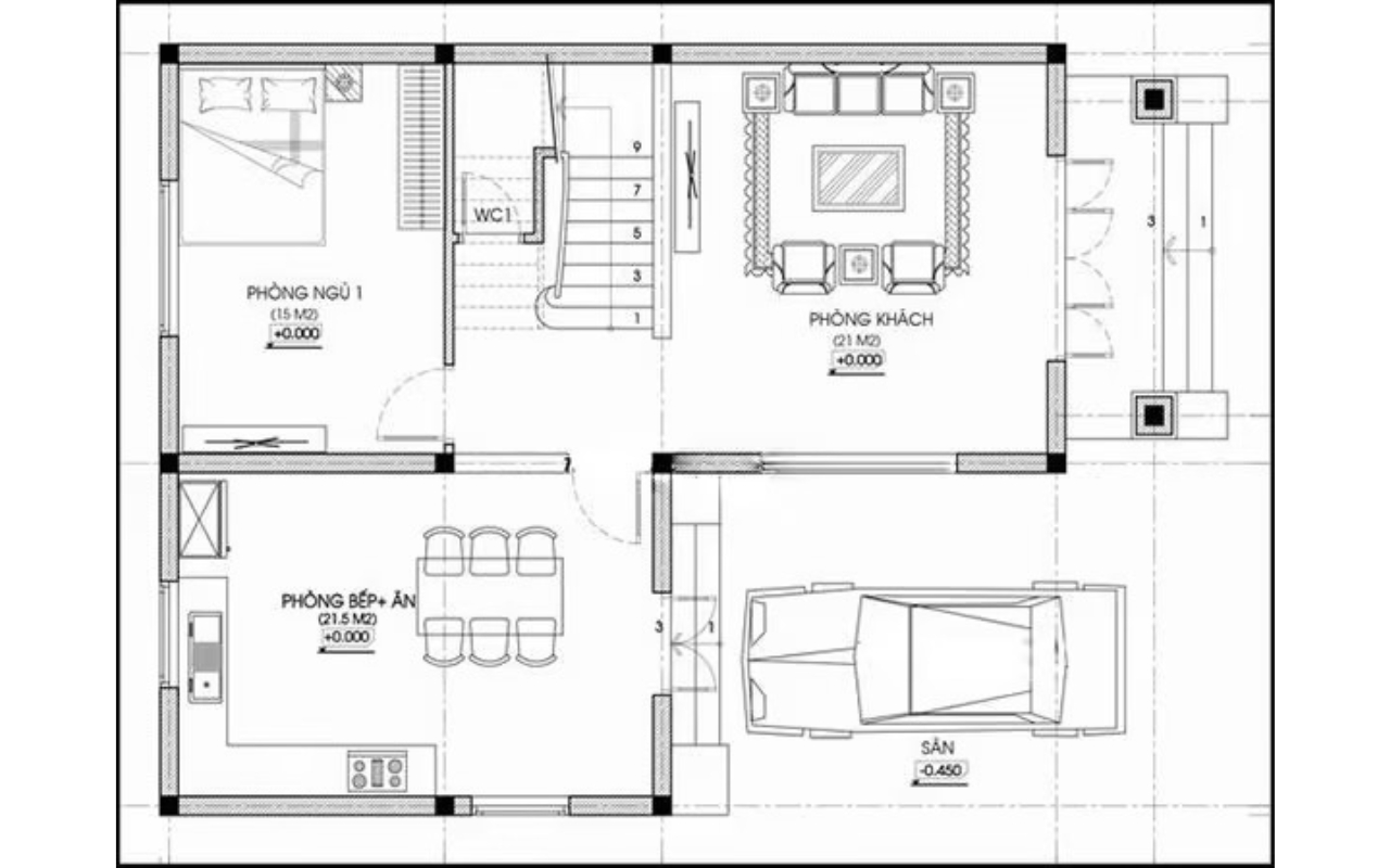 bản vẽ thiết kế nội thất nhà phố 5x20 tầng 1