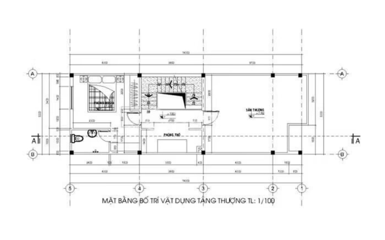 bảng vẽ thiết kế nội thất nhà phố 5x20 tầng thượng