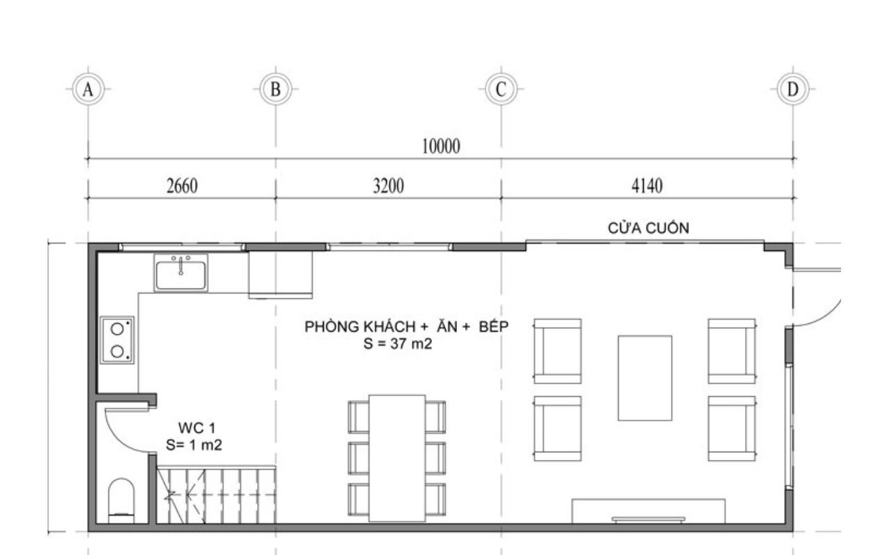 bản vẽ tầng 1 nhà phố 5x20 có 4 tầng