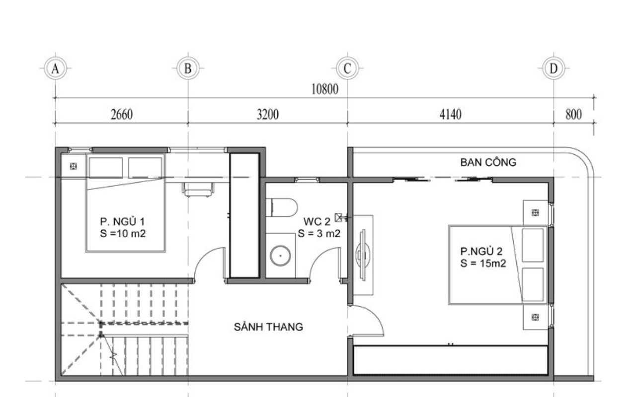 bản vẽ tầng 2 nhà phố 5x20 có 4 tầng