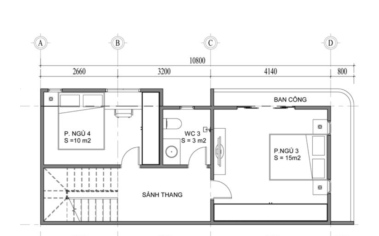 bản vẽ tầng 3 nhà phố 5x20 có 4 tầng