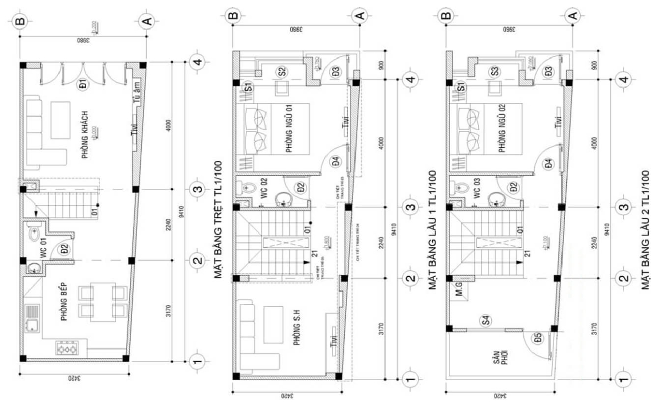 bản vẽ thiết kế nội thất nhà phố 3 tầng