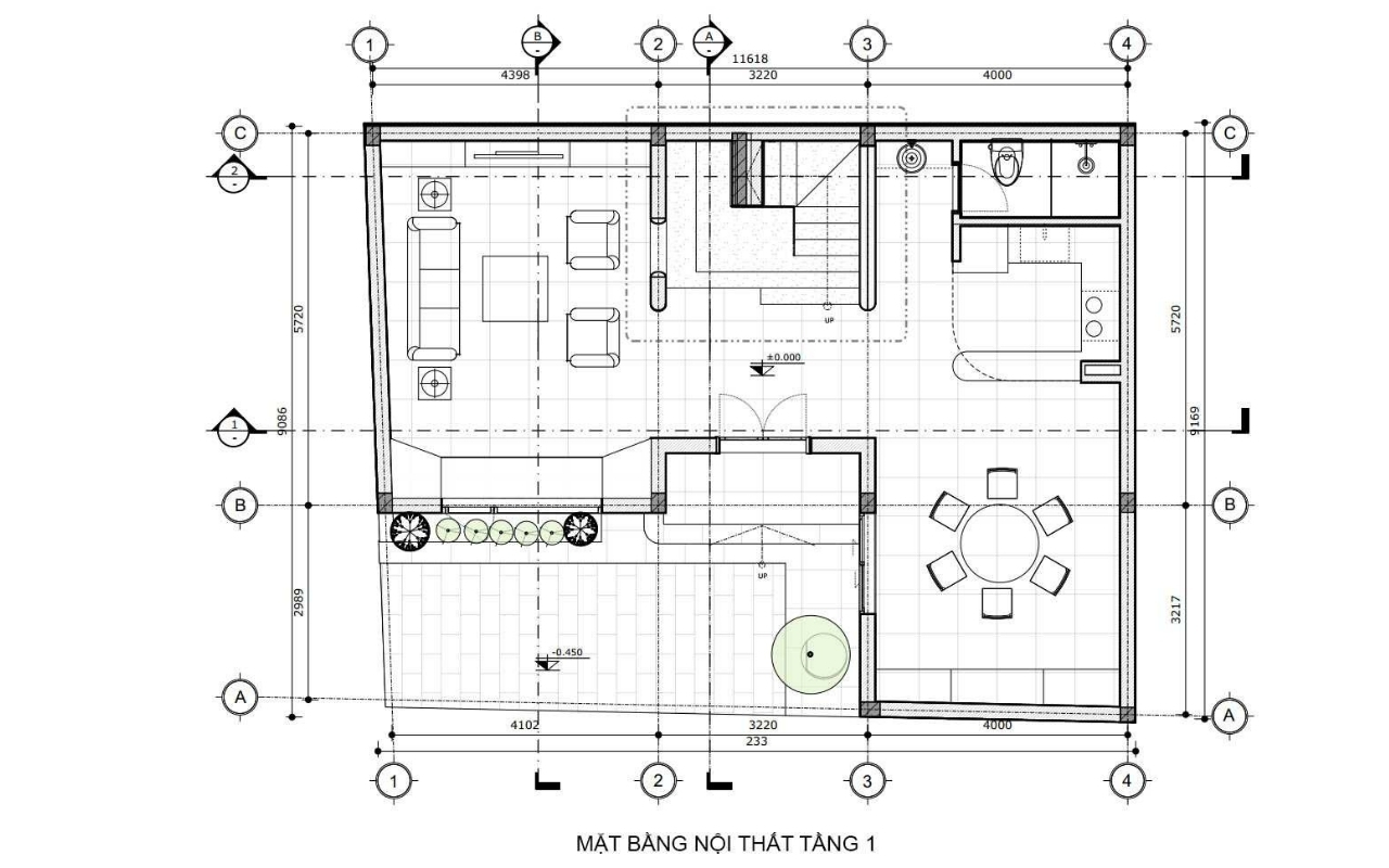 Bản vẽ thiết kế nội thất tầng 1 nhà phố 3 tầng