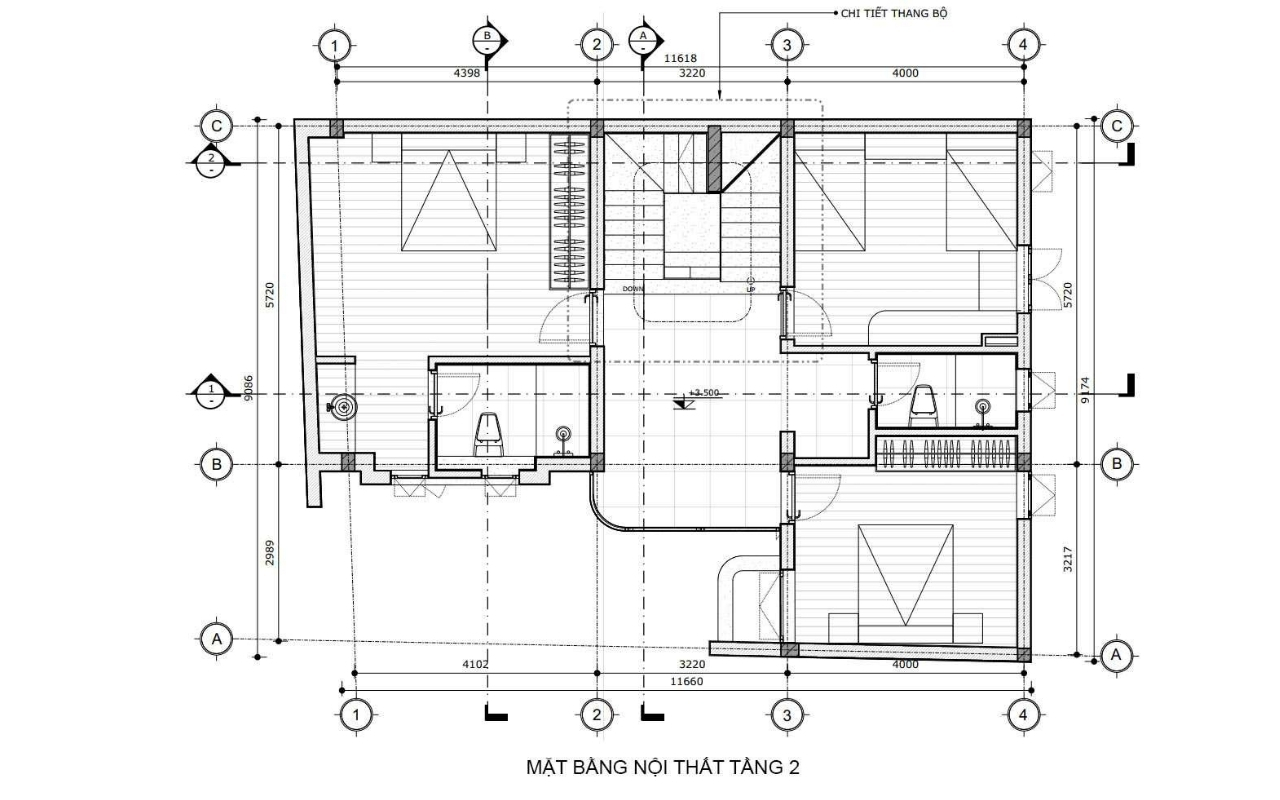 Bản vẽ thiết kế nội thất tầng 2 nhà phố 3 tầng